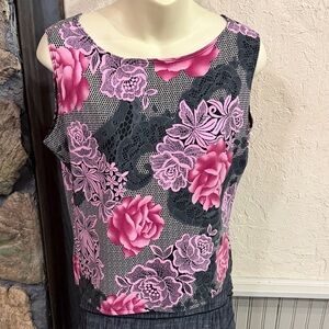 Floral Printed Lace Tank Top - Pink and Gray